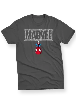 Men's T-Shirt with Upside Down Spider-Man and Webbed "MARVEL"
