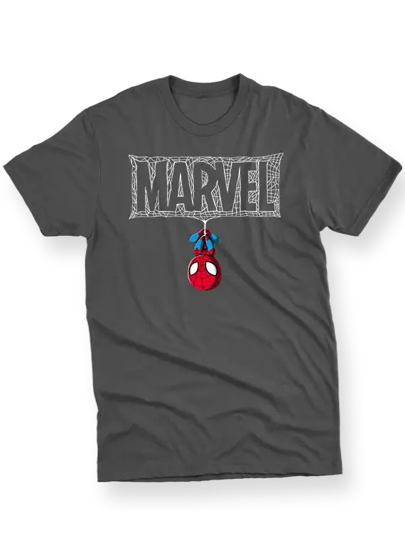 Men's T-Shirt with Upside Down Spider-Man and Webbed "MARVEL"