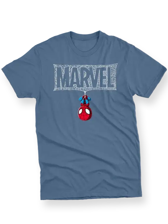Men's T-Shirt with Upside Down Spider-Man and Webbed "MARVEL"