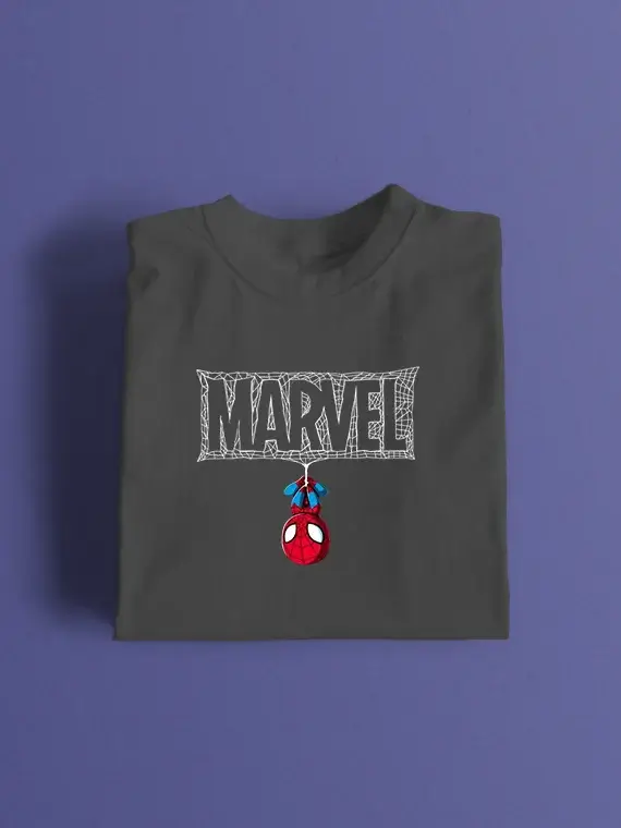 Men's T-Shirt with Upside Down Spider-Man and Webbed "MARVEL"