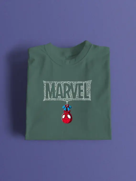 Men's T-Shirt with Upside Down Spider-Man and Webbed "MARVEL"