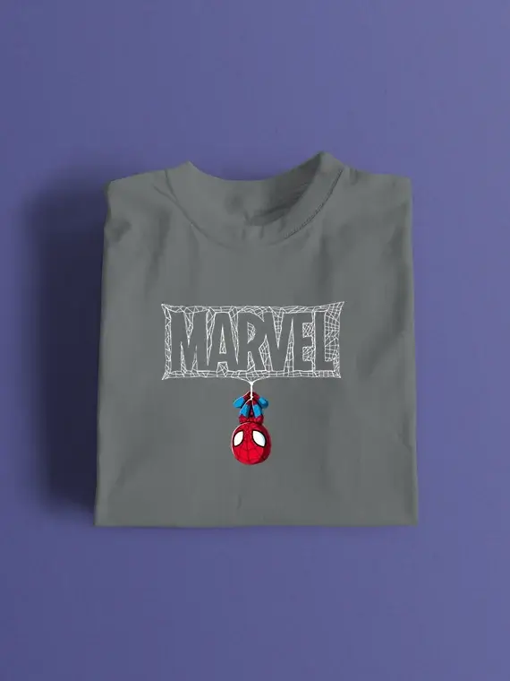 Men's T-Shirt with Upside Down Spider-Man and Webbed "MARVEL"