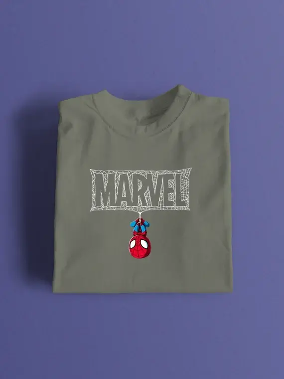 Men's T-Shirt with Upside Down Spider-Man and Webbed "MARVEL"