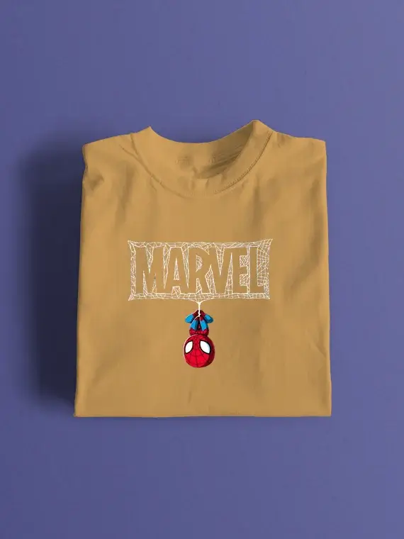 Men's T-Shirt with Upside Down Spider-Man and Webbed "MARVEL"