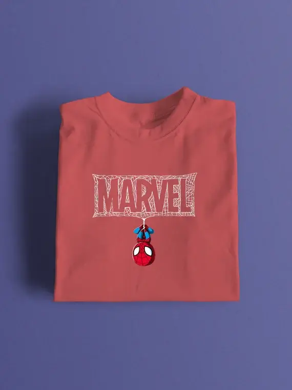 Men's T-Shirt with Upside Down Spider-Man and Webbed "MARVEL"