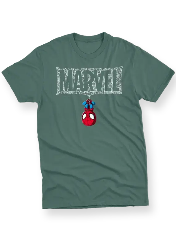 Men's T-Shirt with Upside Down Spider-Man and Webbed "MARVEL"