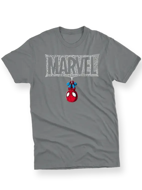 Men's T-Shirt with Upside Down Spider-Man and Webbed "MARVEL"