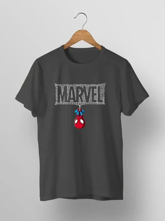 Men's T-Shirt with Upside Down Spider-Man and Webbed "MARVEL"