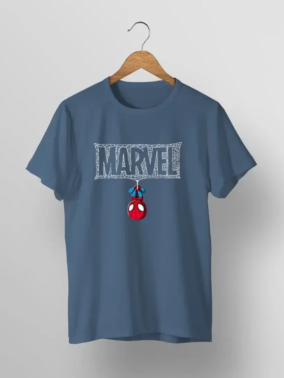 Men's T-Shirt with Upside Down Spider-Man and Webbed "MARVEL"