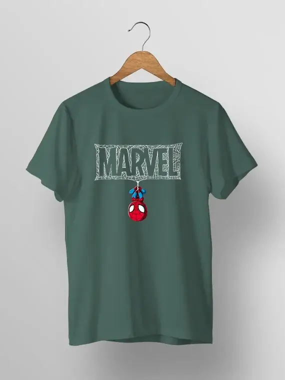 Men's T-Shirt with Upside Down Spider-Man and Webbed "MARVEL"