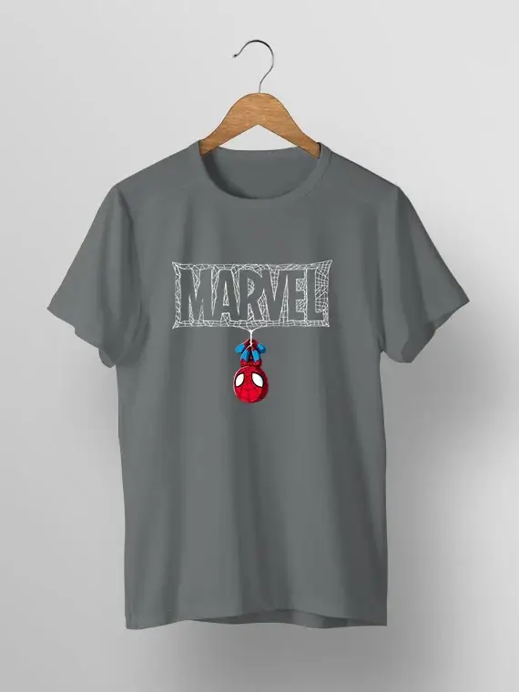 Men's T-Shirt with Upside Down Spider-Man and Webbed "MARVEL"