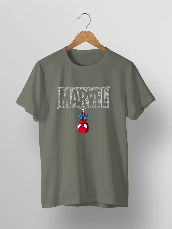 Men's T-Shirt with Upside Down Spider-Man and Webbed "MARVEL"