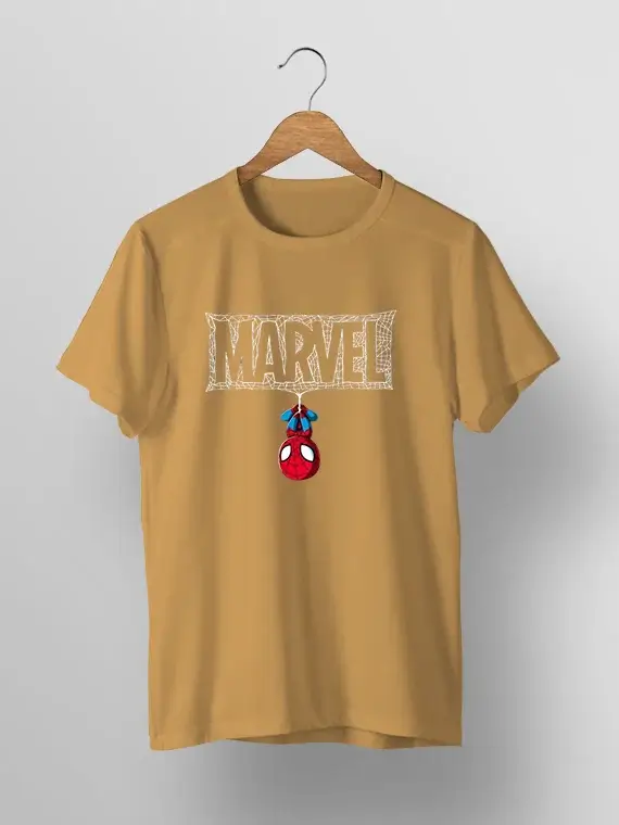 Men's T-Shirt with Upside Down Spider-Man and Webbed "MARVEL"