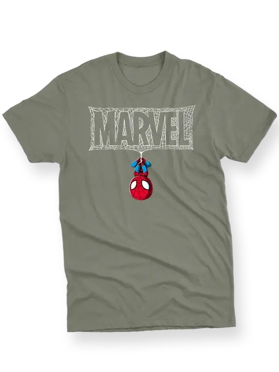 Men's T-Shirt with Upside Down Spider-Man and Webbed "MARVEL"