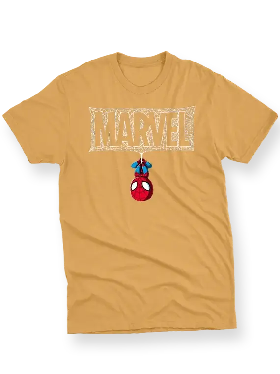 Men's T-Shirt with Upside Down Spider-Man and Webbed "MARVEL"
