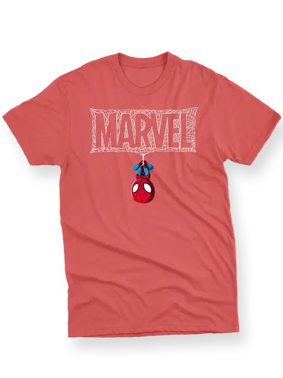 Men's T-Shirt with Upside Down Spider-Man and Webbed "MARVEL"